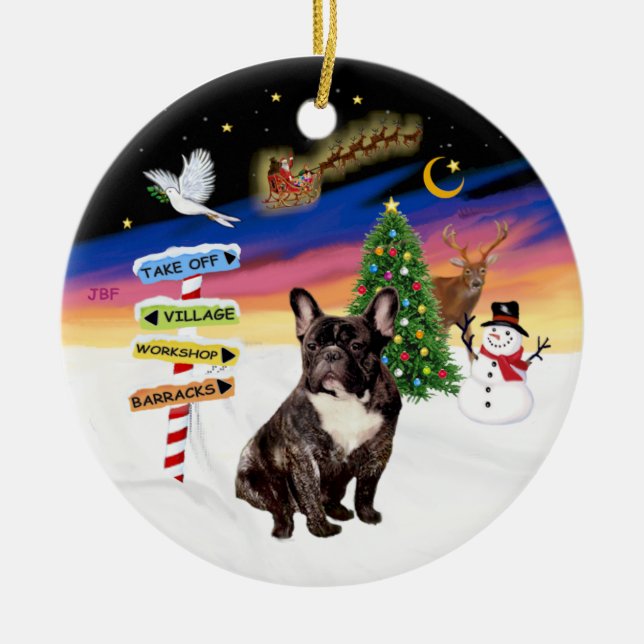 Xmas Signs - Brindle French Bulldog Ceramic Tree Decoration (Front)