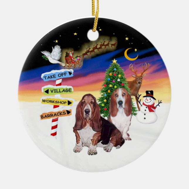 Xmas Signs - Two Bssset Hounds Ceramic Tree Decoration (Front)