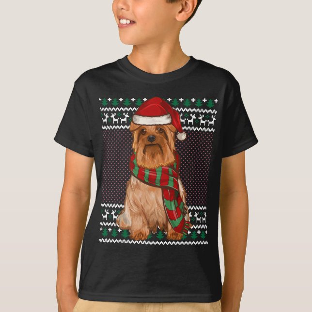 Xmas Silky Terrier Dog Santa Hat Ugly Christmas T-Shirt (Front)
