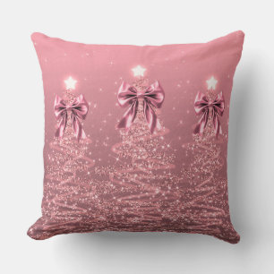 Xmas Sparkling Trees Blush Pink Faux Bow  Cushion