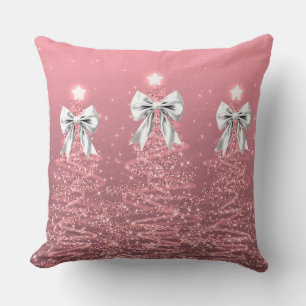 Xmas Sparkling Trees Blush Pink Faux White Bow  Cushion