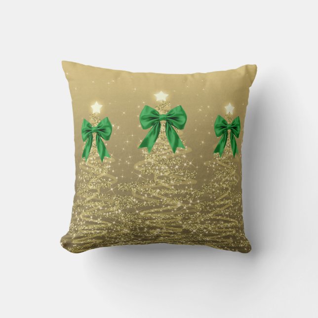 Xmas Sparkling Trees Gold Faux Green Bow Throw Cushion (Front)