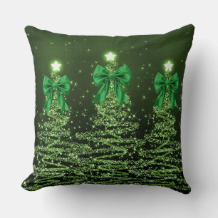 Xmas Sparkling Trees Green Faux Bow Throw Cushion
