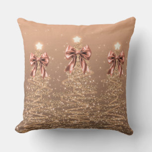 Xmas Sparkling Trees Rose Gold Faux Bow Cushion