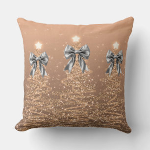 Xmas Sparkling Trees Rose Gold Faux Silver Bow  Cushion