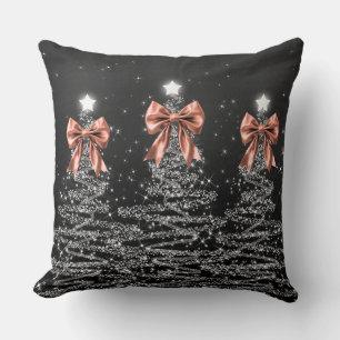 Xmas Sparkling Trees Silver Faux Rose Gold Bow  Cushion