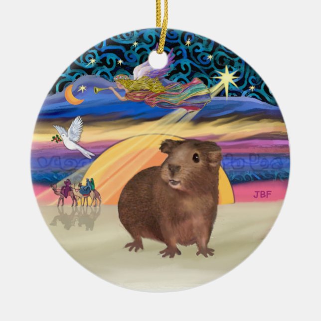 Xmas Star - Brown Guinea Pig Ceramic Tree Decoration (Front)