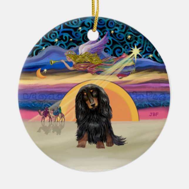 Xmas Star - Long Haired Dachshund (BT) Ceramic Tree Decoration (Front)