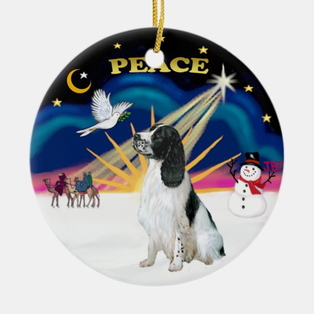 Xmas Sunrise - English Springer Spaniel Ceramic Tree Decoration (Front)