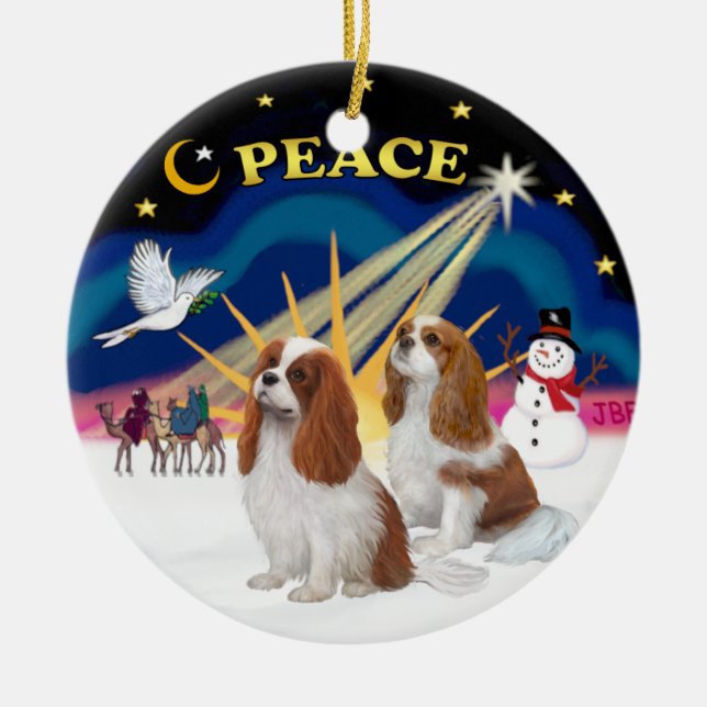 Xmas Sunrise - Two Blenheim Cavaliers Ceramic Tree Decoration (Front)