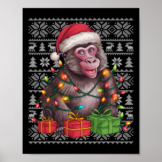 Xmas Sweater Style Ugly Santa Hat Baboon Christmas Poster (Front)