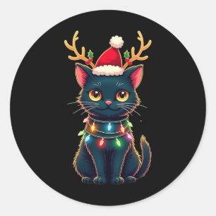 Xmas Tee Reindeer Black Cute Cat Christmas Lights  Classic Round Sticker