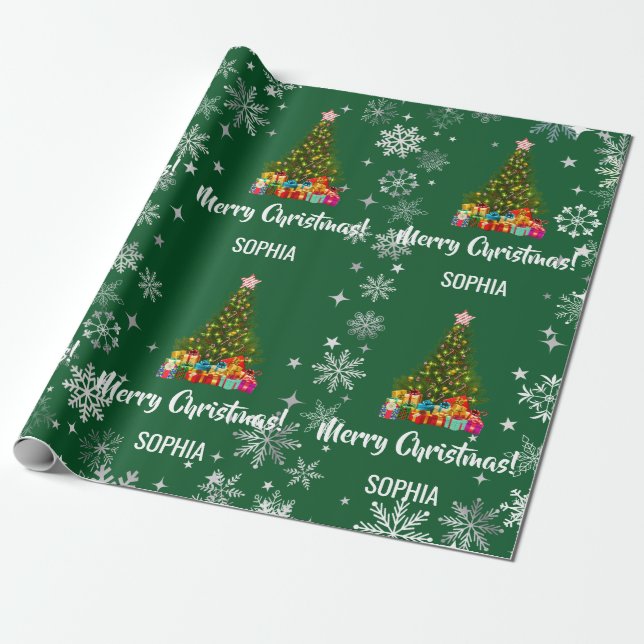 Xmas Tree Baubles Snowflakes Personalised Name Wrapping Paper (Unrolled)