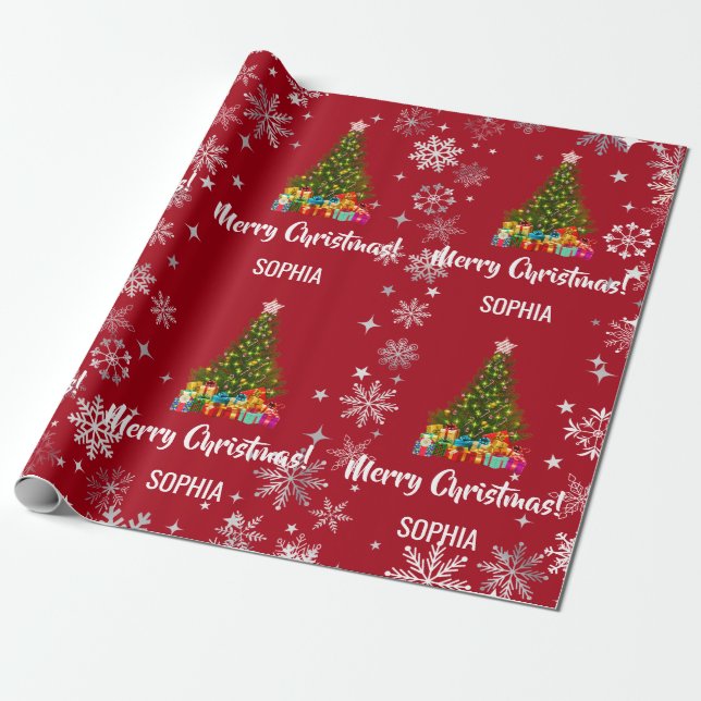 Xmas Tree Baubles Snowflakes Personalised Name Wrapping Paper (Unrolled)
