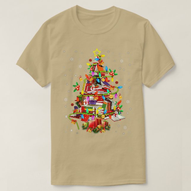 Xmas Tree Library Xmas Lights Tree Book Lover Libr T-Shirt (Design Front)