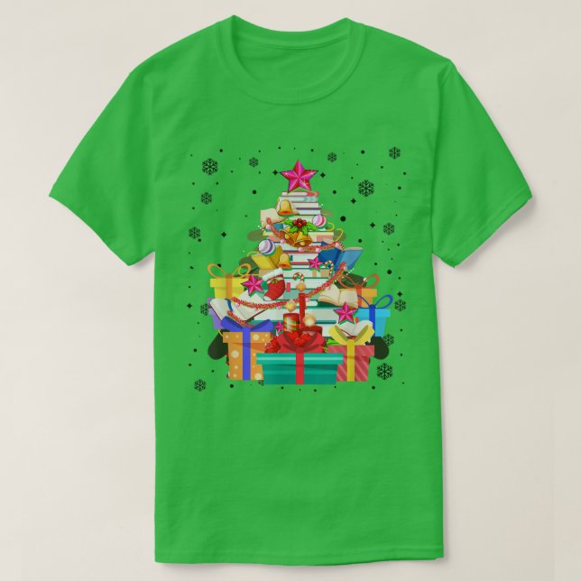 Xmas Tree Library Xmas Lights Tree Book Lover Libr T-Shirt (Design Front)