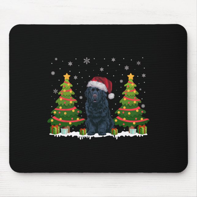 Xmas Tree Light Newfoundland Dog Santa Hat Christm Mouse Pad (Front)