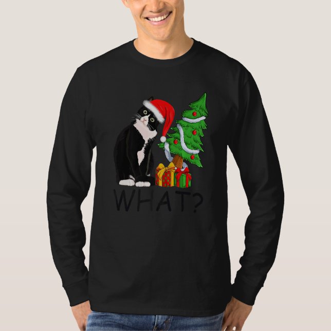 Xmas Tree Lighting Santa Black Cat Christmas T-Shirt (Front)