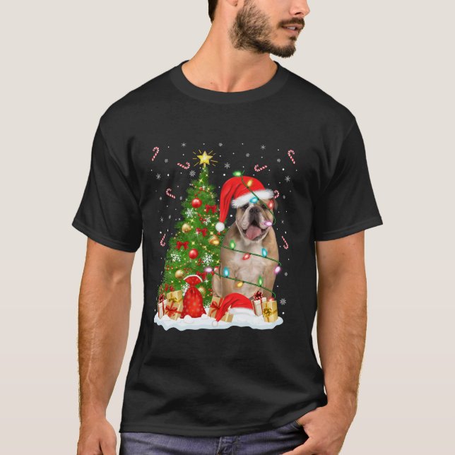 Xmas Tree Lighting Santa English Bulldog Christmas T-Shirt (Front)