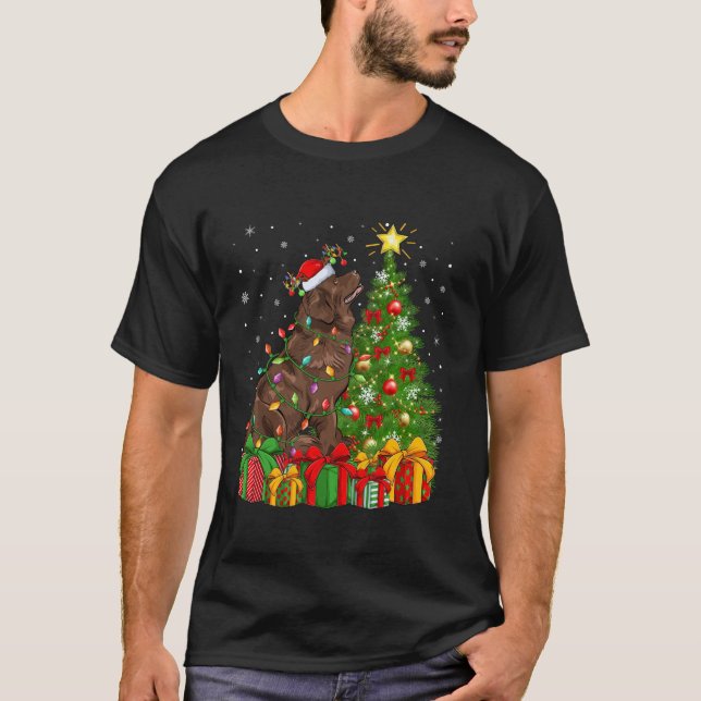 Xmas Tree Lighting Santa Hat Newfoundland Dog Chri T-Shirt (Front)