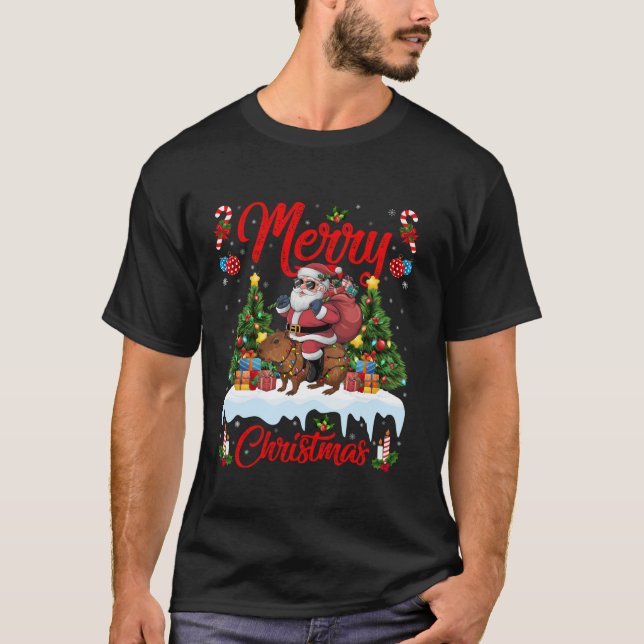 Xmas Tree Lighting Santa Riding Capybara Christmas T-Shirt (Front)