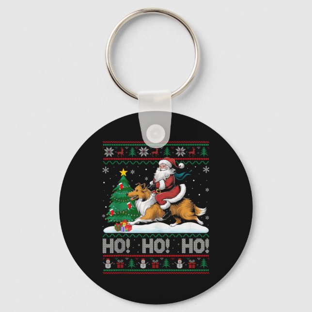 Xmas Tree Lighting Santa Riding Collie Dog Christm Key Ring (Front)