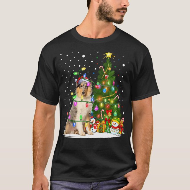 Xmas Tree Lighting Santa Rough Collie Dog Christma T-Shirt (Front)
