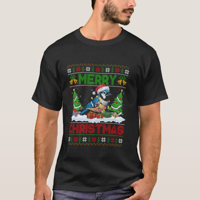 Xmas Tree Lighting Ugly Santa Hat Blue Jay Bird Ch T-Shirt (Front)