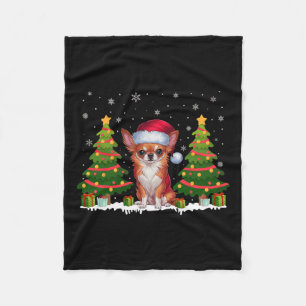 Xmas Tree Lights Chihuahua Dog Santa Hat Christmas Fleece Blanket