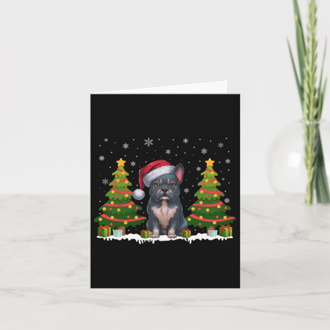 Xmas Tree Lights Frenchie Dog Santa Hat Christmas  Card (Front)