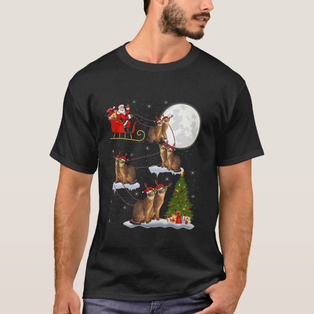 Xmas Tree Lights Funny Santa Riding Abyssinian Cat T-Shirt (Front)