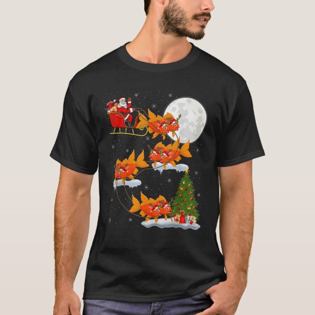 Xmas Tree Lights Funny Santa Riding Goldfish Chris T-Shirt (Front)