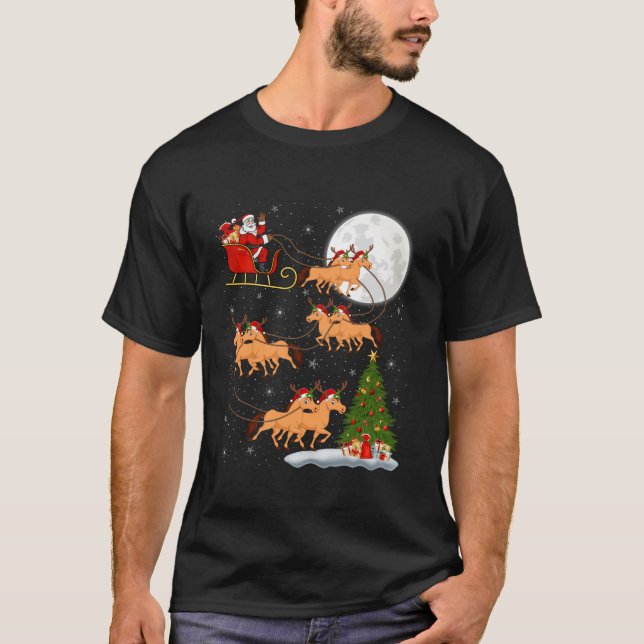 Xmas Tree Lights Funny Santa Riding Horse Christma T-Shirt (Front)