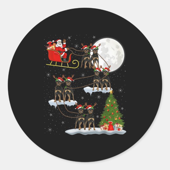 Xmas Tree Lights Funny Santa Riding Rottweiler Dog Classic Round Sticker (Front)