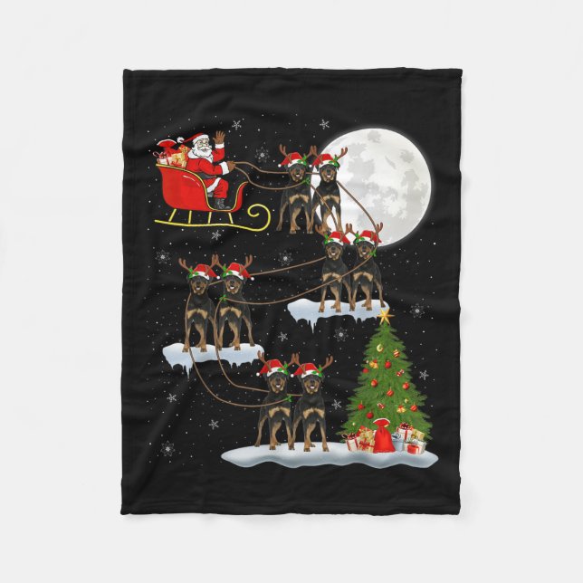 Xmas Tree Lights Funny Santa Riding Rottweiler Dog Fleece Blanket (Front)