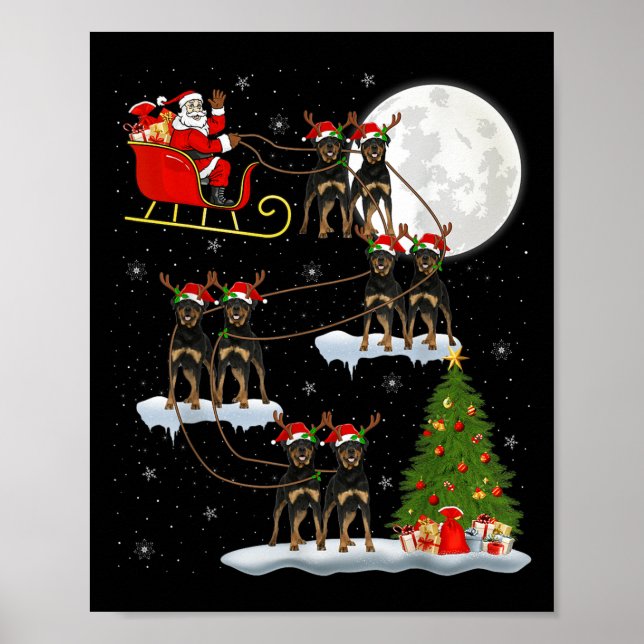 Xmas Tree Lights Funny Santa Riding Rottweiler Dog Poster (Front)