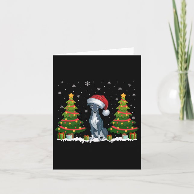 Xmas Tree Lights Greyhound Dog Santa Hat Christmas Card (Front)