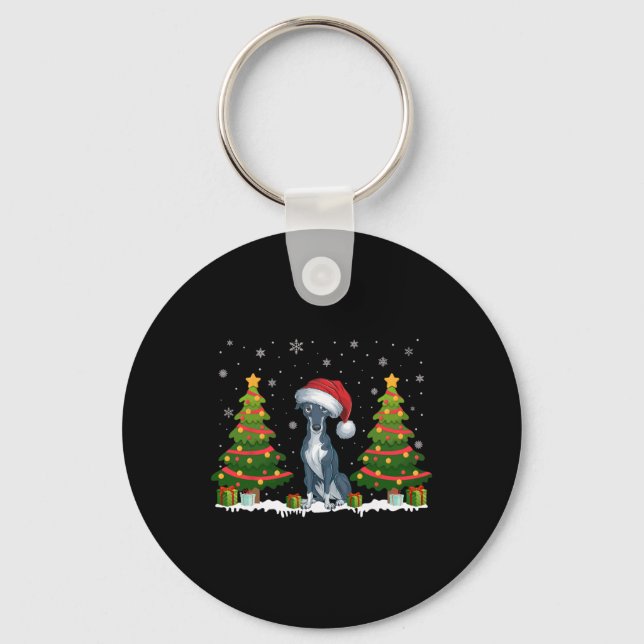 Xmas Tree Lights Greyhound Dog Santa Hat Christmas Key Ring (Front)