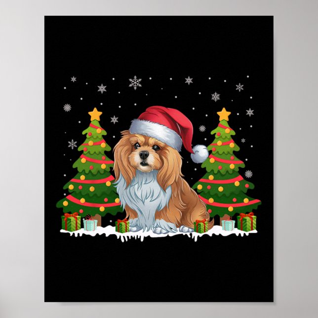 Xmas Tree Lights Lhasa Apso Dog Santa Hat Christma Poster (Front)