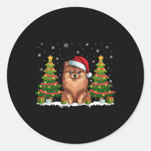 Xmas Tree Lights Pomeranian Dog Santa Hat Christma Classic Round Sticker