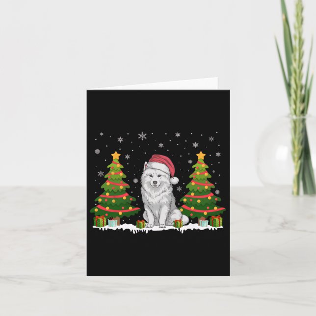 Xmas Tree Lights Samoyed Dog Santa Hat Christmas S Card (Front)