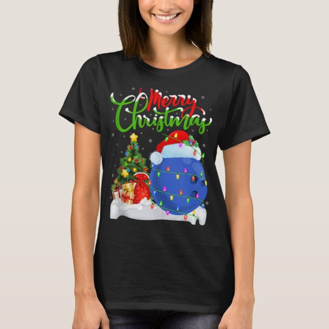 Xmas Tree Lights Santa Hat Bowling Ball Christmas  T-Shirt (Front)