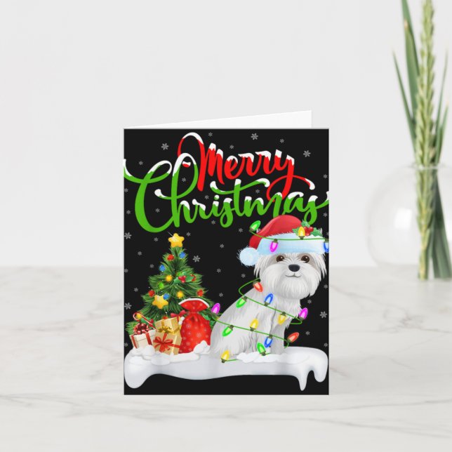 Xmas Tree Lights Santa Hat Maltese Dog Christmas T Card (Front)