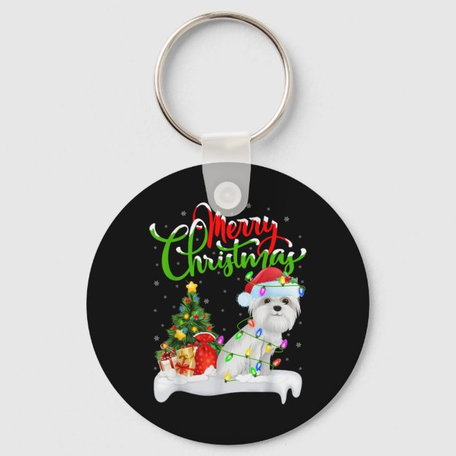 Xmas Tree Lights Santa Hat Maltese Dog Christmas T Key Ring (Front)