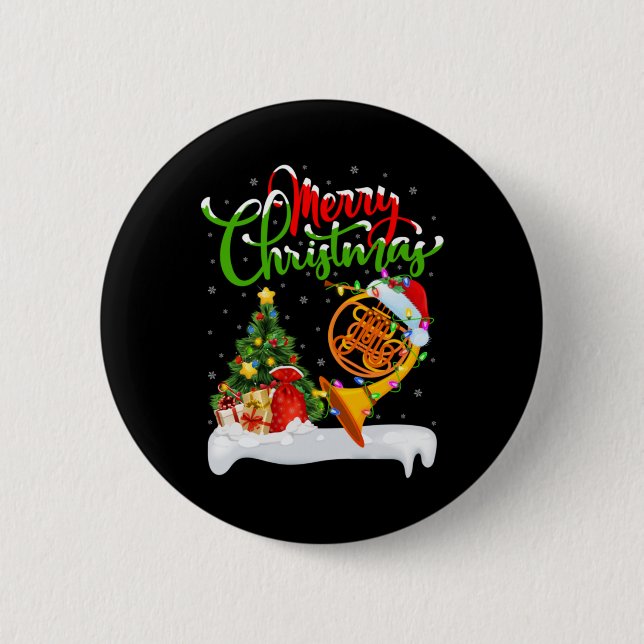 Xmas Tree Lights Santa Hat Musical French Horn Chr 6 Cm Round Badge (Front)