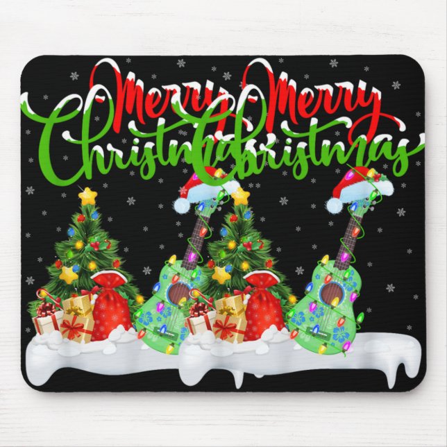 Xmas Tree Lights Santa Hat Musical Ukulele Guitar  Mouse Pad (Front)