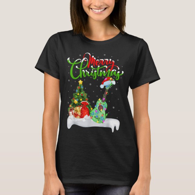 Xmas Tree Lights Santa Hat Musical Ukulele Guitar  T-Shirt (Front)