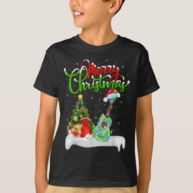 Xmas Tree Lights Santa Hat Musical Ukulele Guitar  T-Shirt (Front)