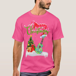 Xmas Tree Lights Santa Hat Musical Ukulele Guitar  T-Shirt