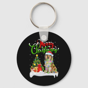 Xmas Tree Lights Santa Hat Rough Collie Dog Christ Key Ring